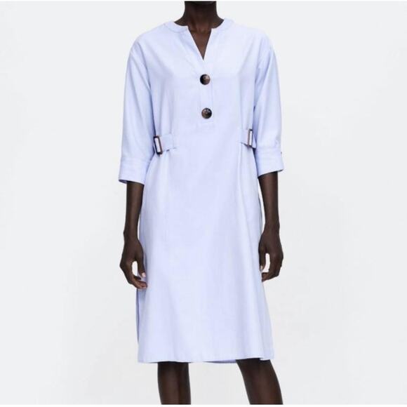 Zara Dresses & Skirts - Zara Dress Womens XL Blue Belted Shirt Midi Henley 3/4 Sleeve Work Office